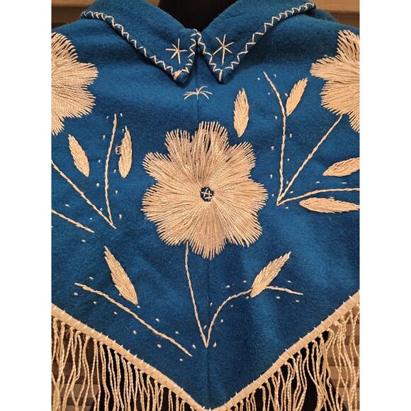 Vintage Youth 70s Embroidered Mexican Poncho/Cape Wool Tassel Fringe Teal - Picture 3 of 8